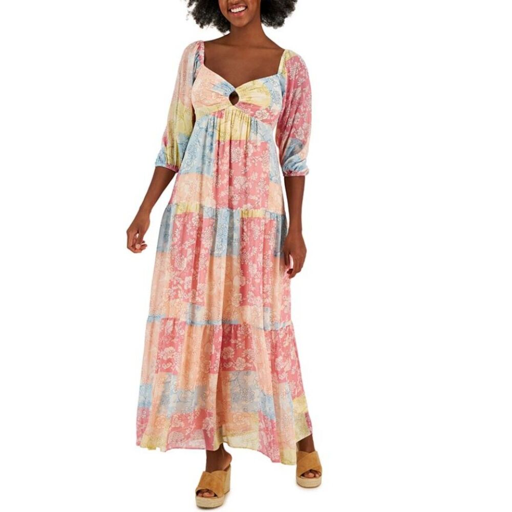 TAYLOR Colorful Patchwork Floral Sz 10 Tiered Flowy Keyhole Maxi Boho Dress
